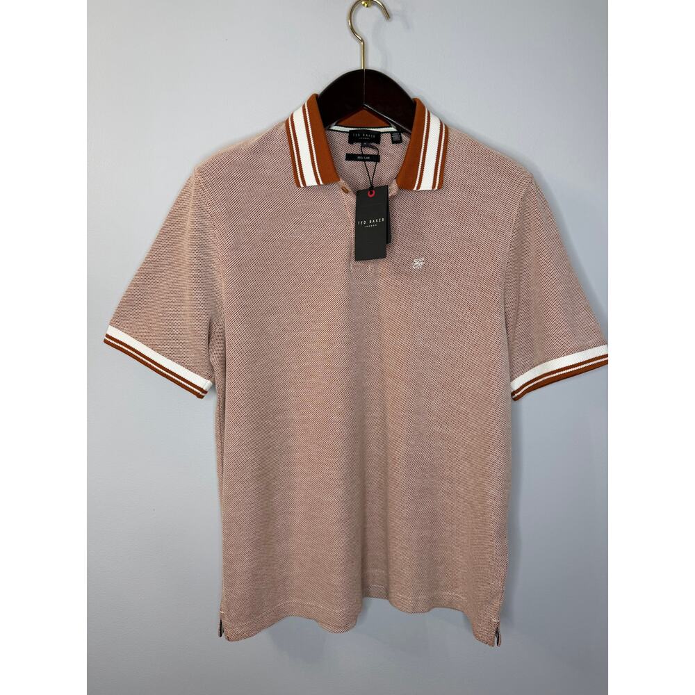 Ted Baker Phenes Textured Cotton Polo Shirt Stripe Trim Brown Men 4 US XXL - Picture 13 of 13